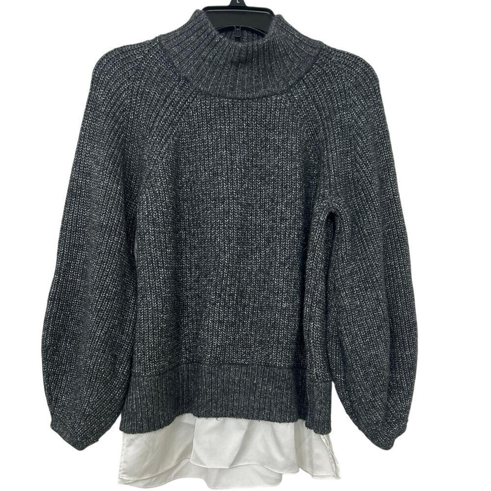 Ann Taylor Charcoal Gray Mock Neck Chunky Sweater Balloon Sleeve Layered Hem M